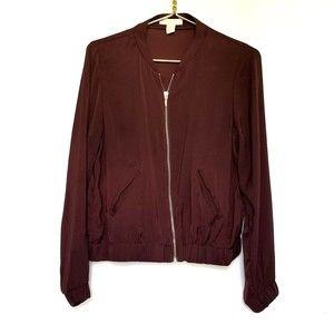 H&M Bomber Jacket Full Zip Lightweight Maroon Red Goldtone Zipper Pockets 8 EUC